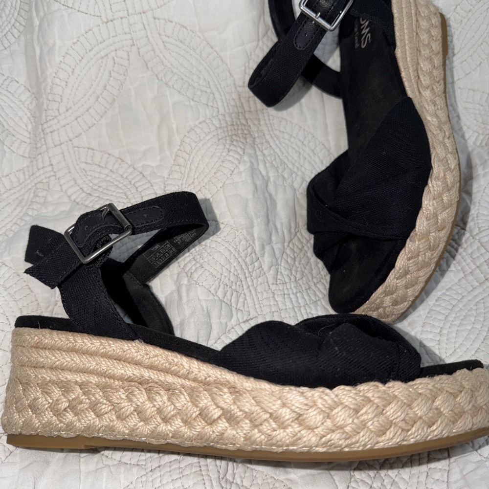 TOMS Marisela Braided Wedge Espadrille Sandals Black Sz 7.5